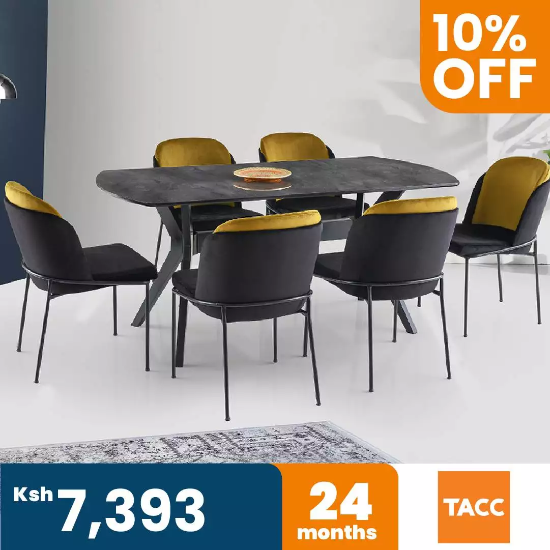 Dining Table (180x90x75)cm + 6 Side Chairs, Ironi/Black